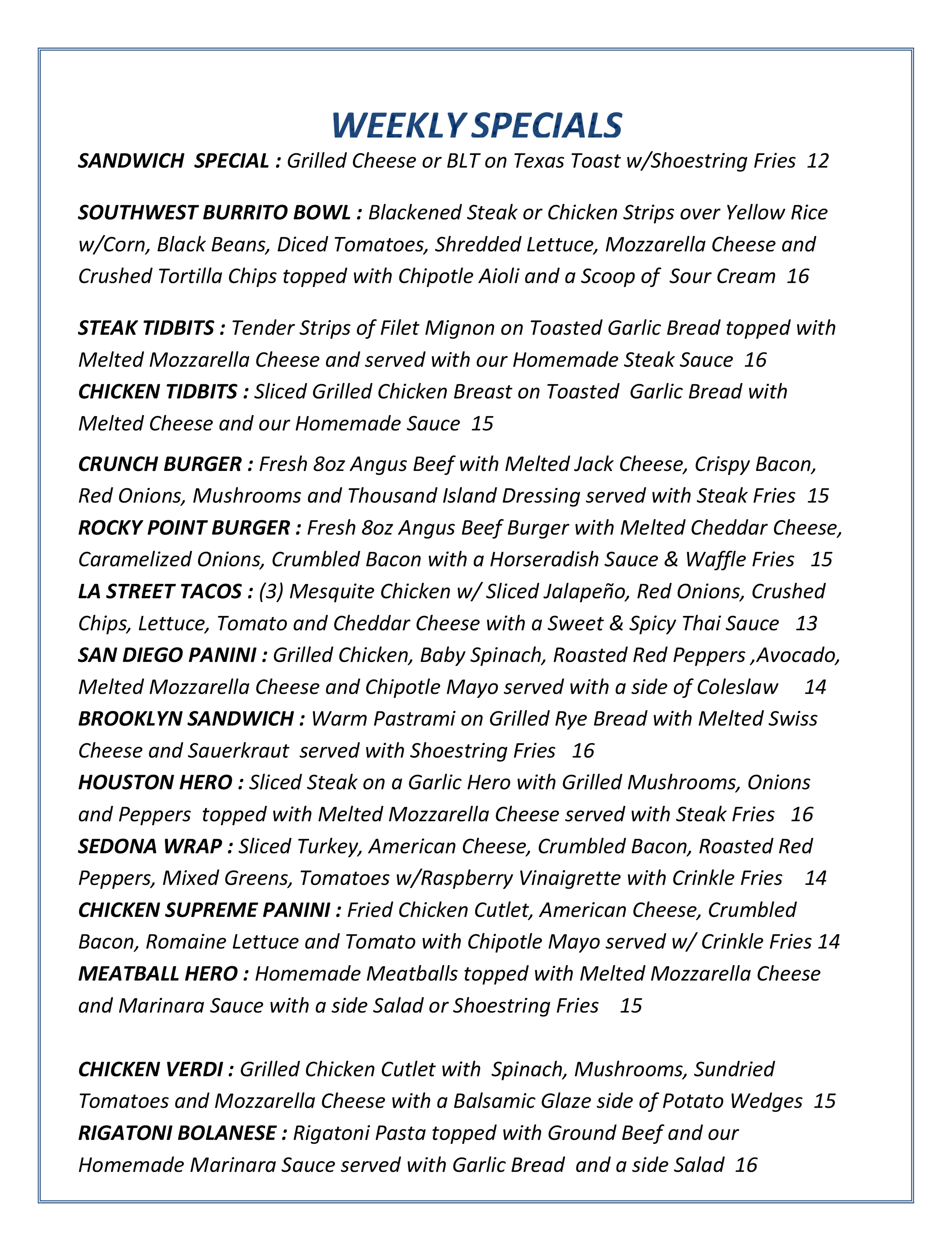 Rocky Point Ale House Menu